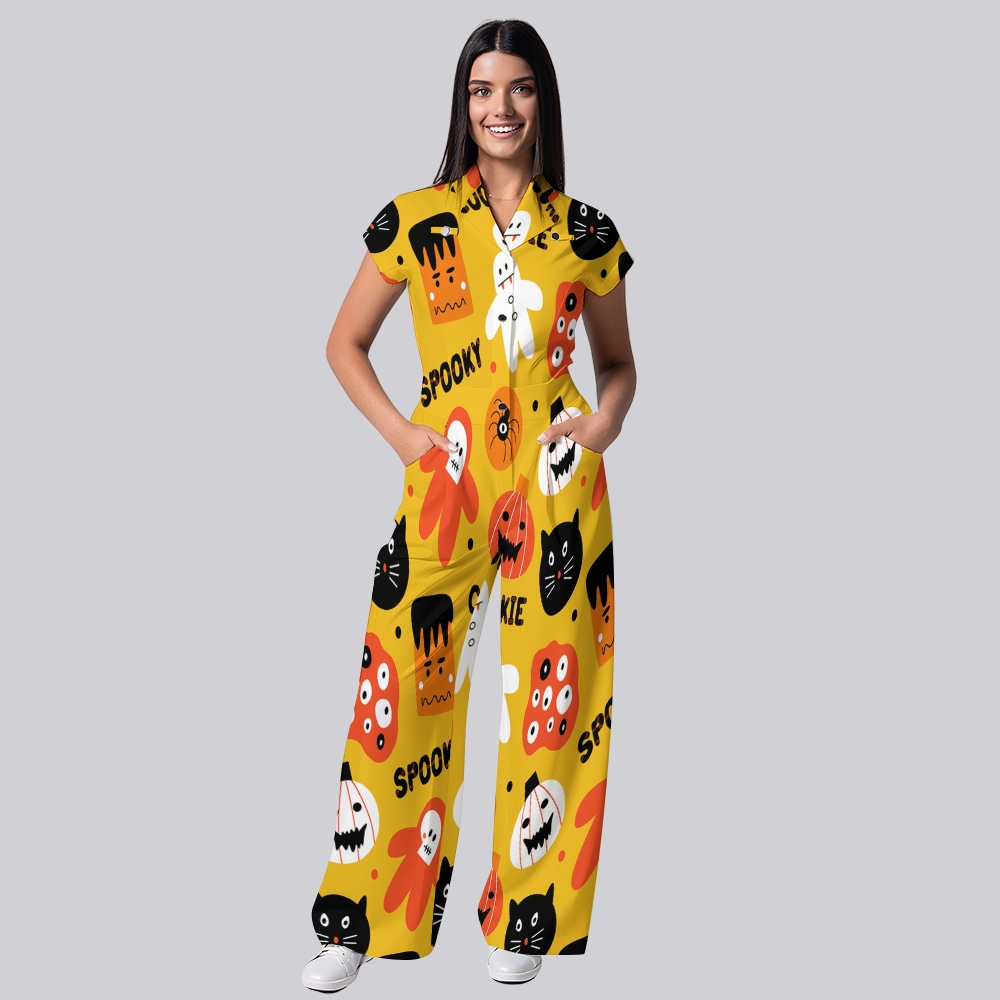 Women's Button-Up Halloween Print Scrub Jumpsuit WJ10134
