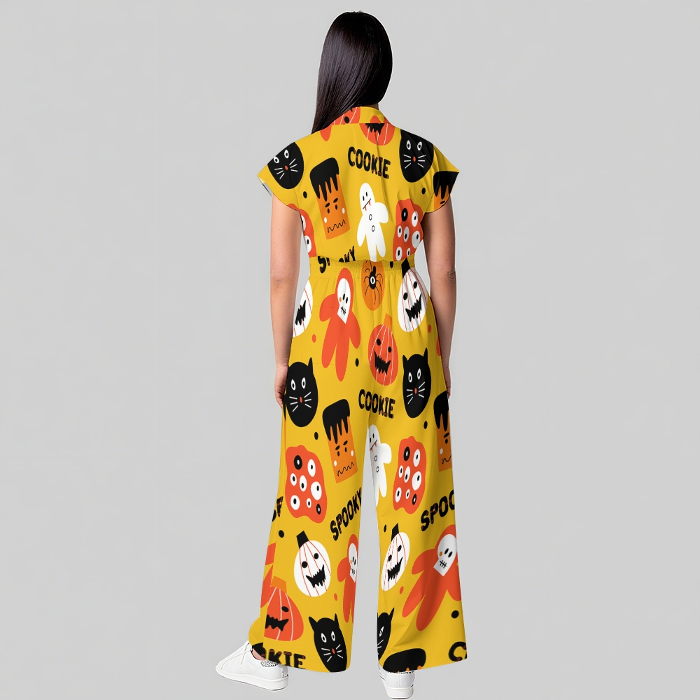 Women's Button-Up Halloween Print Scrub Jumpsuit WJ10134