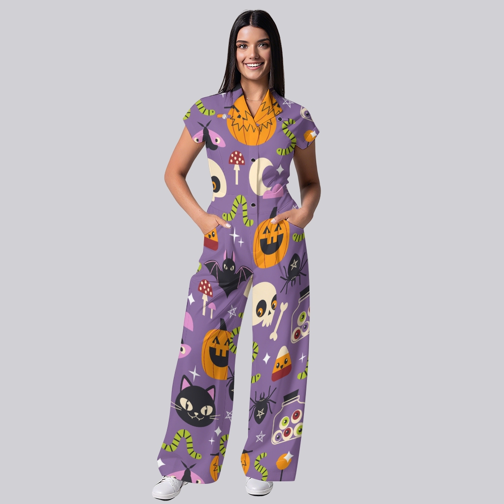 Women's Button-Up Halloween Print Scrub Jumpsuit WJ10139