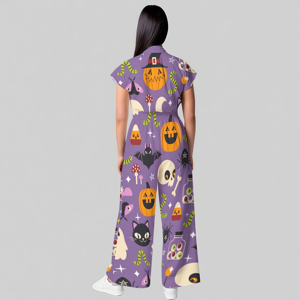 Women's Button-Up Halloween Print Scrub Jumpsuit WJ10139