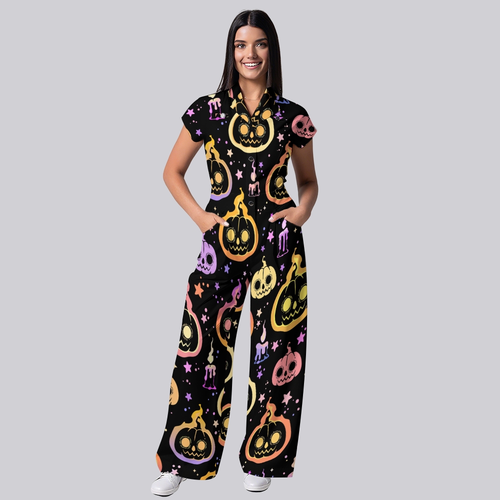 Women's Button-Up Halloween Print Scrub Jumpsuit WJ101312