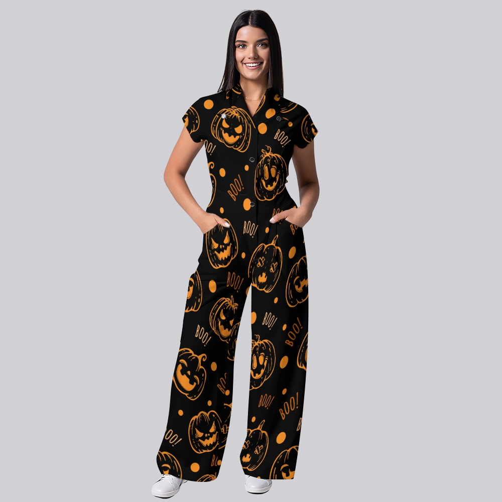 Women's Button-Up Halloween Print Scrub Jumpsuit WJ101313