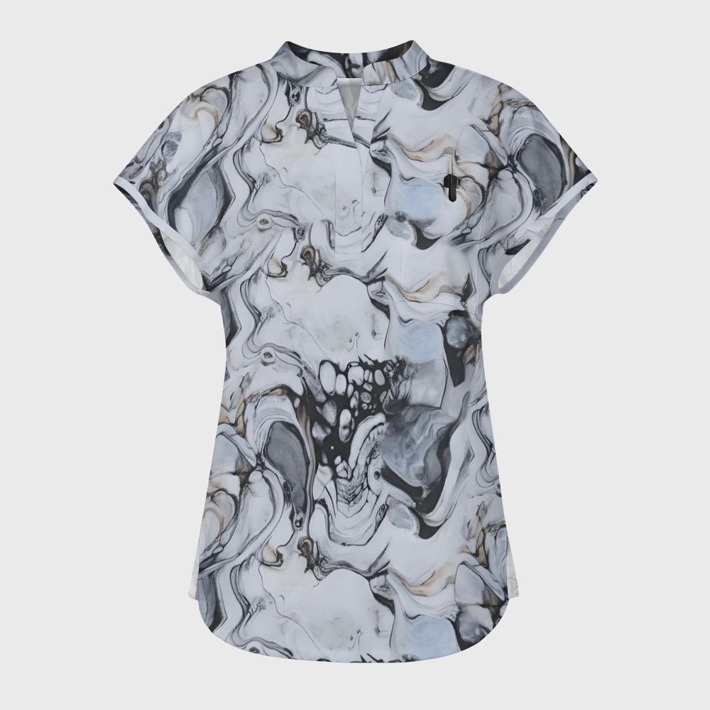 Women's Marble Print Stand Collar Scrub Top
