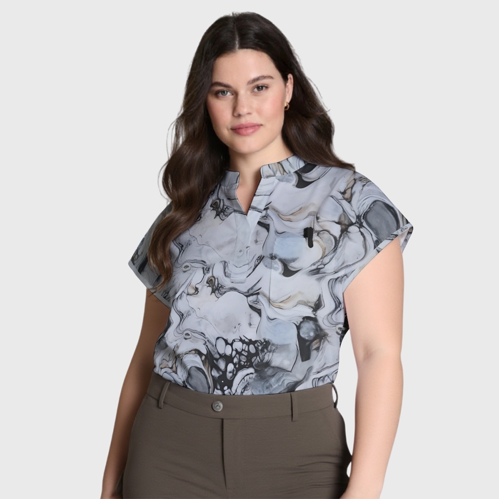 Women's Marble Print Stand Collar Scrub Top