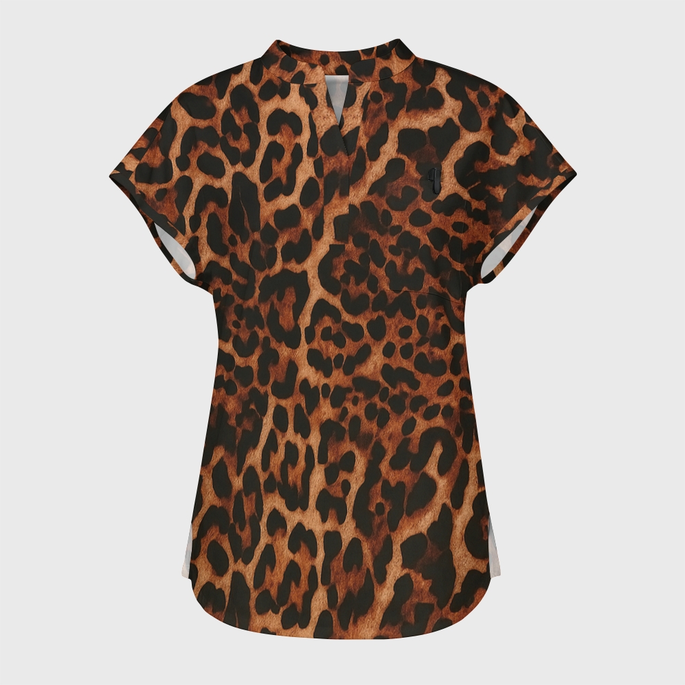 Women's Leopard Print Stand Collar Scrub Top