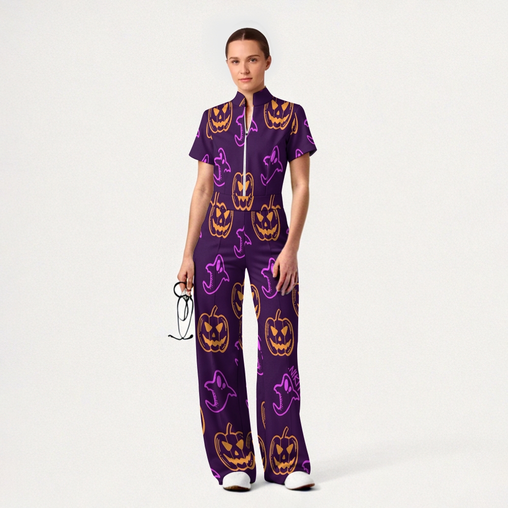 Women's Slim Fit Wide Leg Zip Neck Halloween Printed Scrub Jumpsuit JW10142