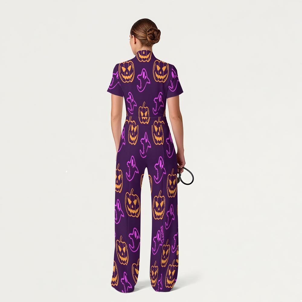 Women's Slim Fit Wide Leg Zip Neck Halloween Printed Scrub Jumpsuit JW10142