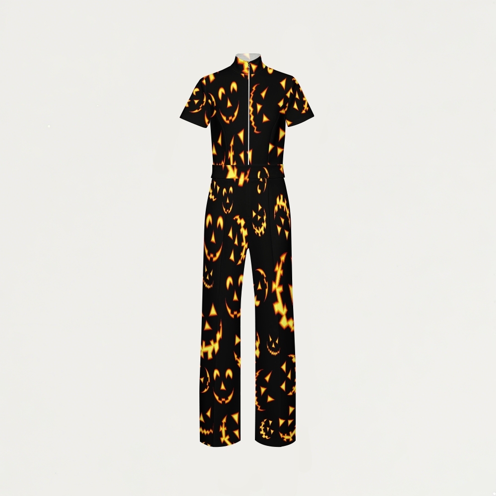 Women's Slim Fit Wide Leg Zip Neck Halloween Printed Scrub Jumpsuit JW10143