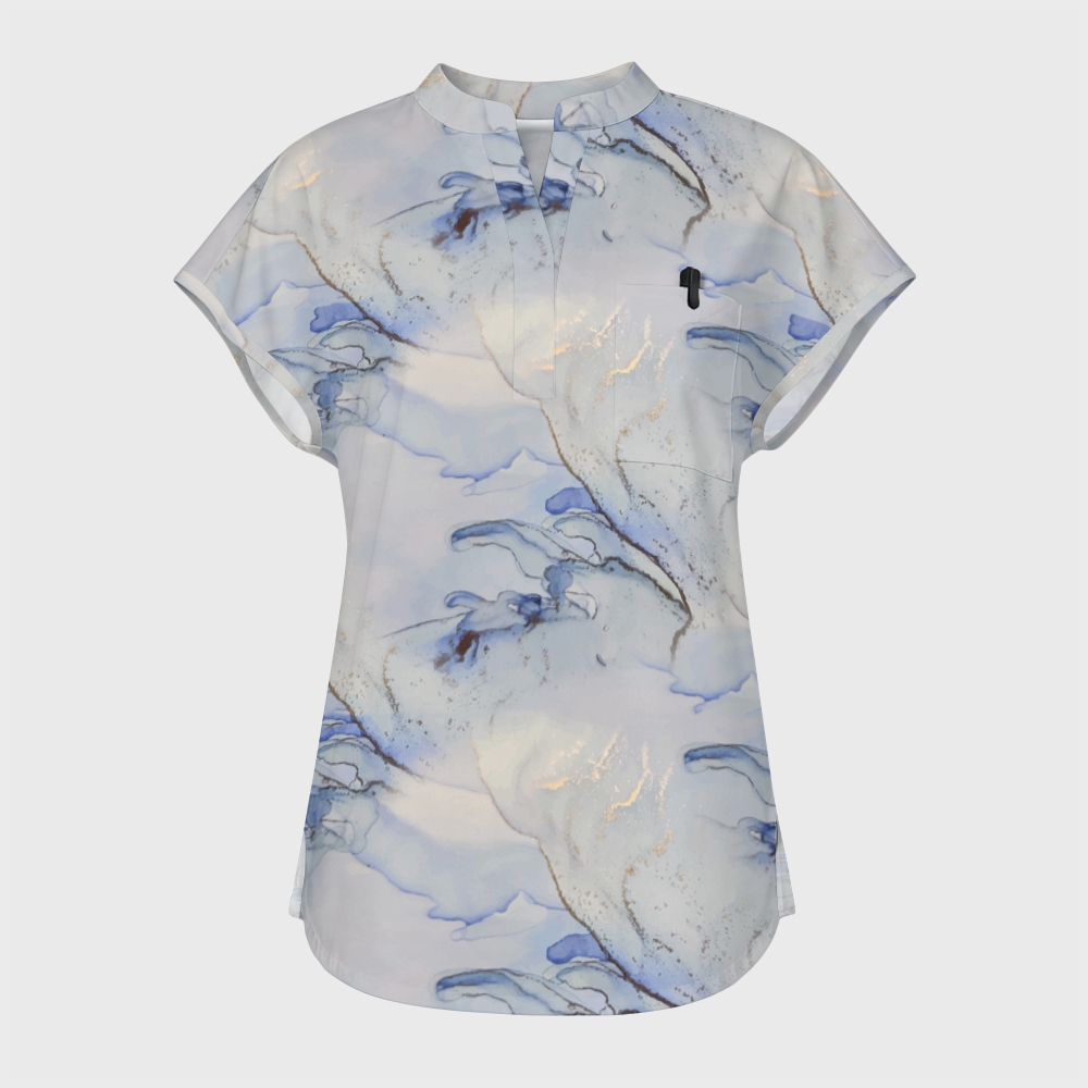 Women's Stand Collar Marble Print Scrub Top