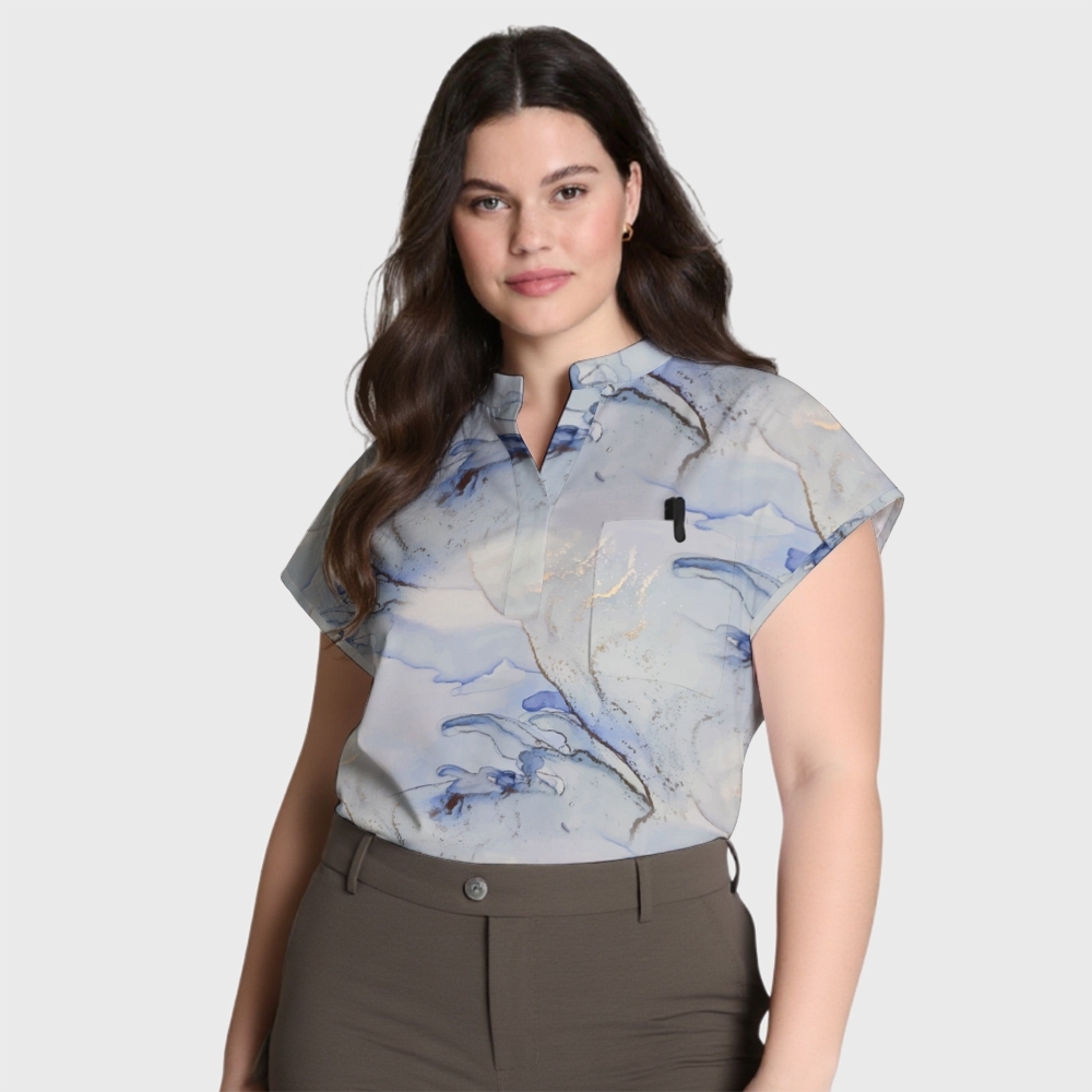 Women's Stand Collar Marble Print Scrub Top