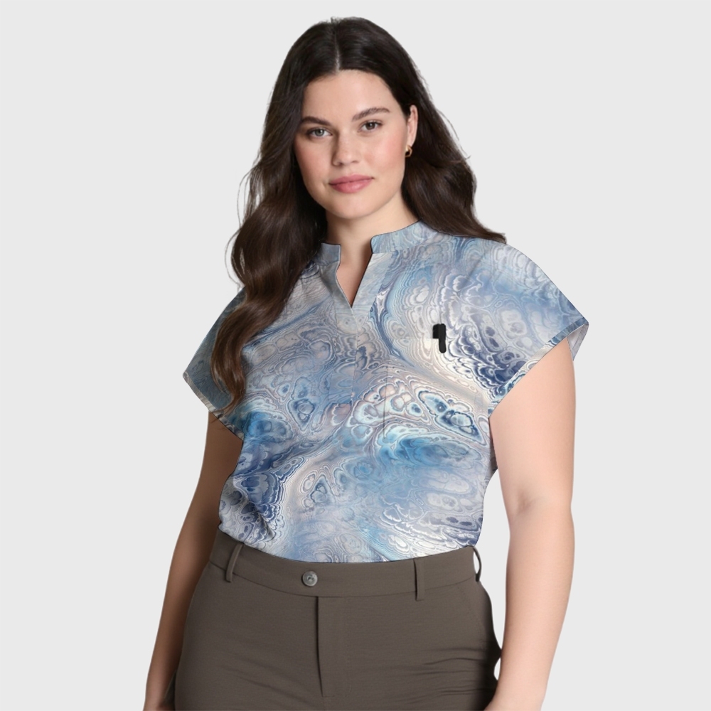 Women's Stand Collar Tie Dye Print Scrub Top