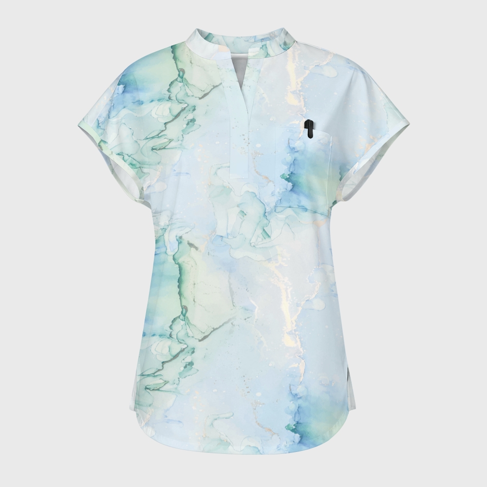 Women's Stand Collar Blue Marble Print Scrub Top