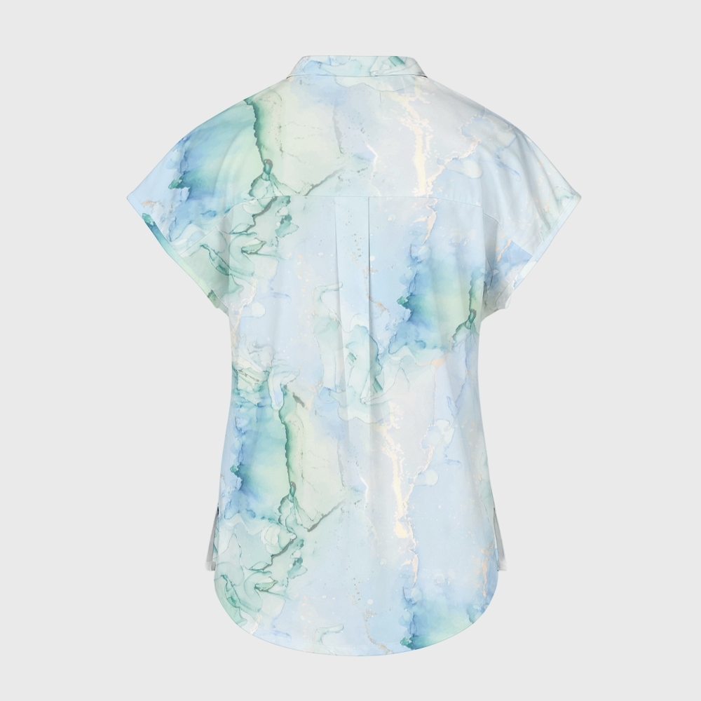 Women's Stand Collar Blue Marble Print Scrub Top