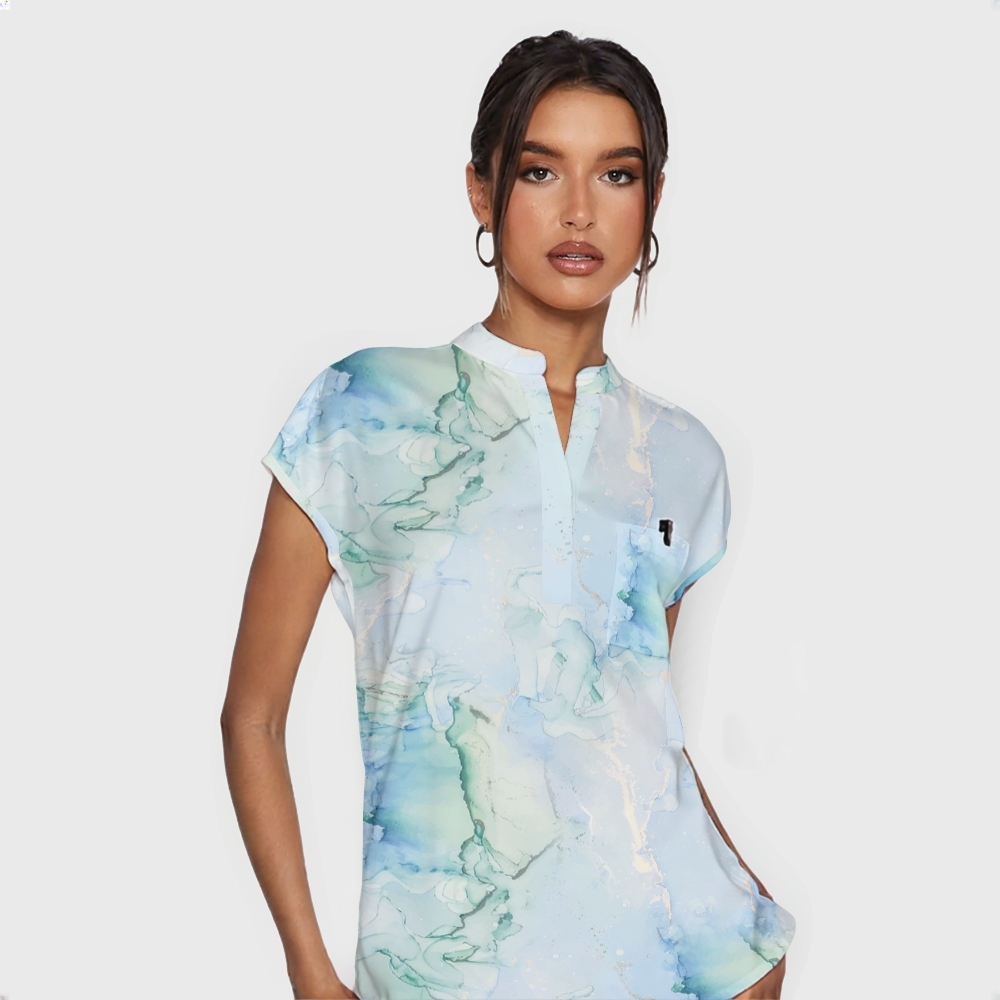 Women's Stand Collar Blue Marble Print Scrub Top