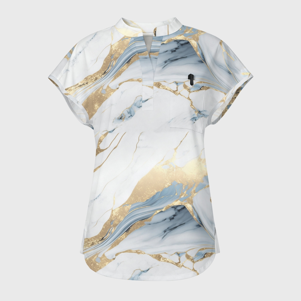 Women's Light Gold Marble Stand Collar Scrub Top