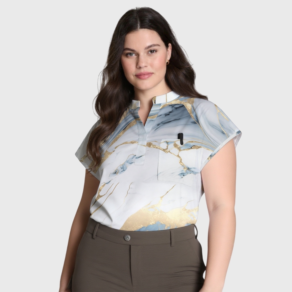 Women's Light Gold Marble Stand Collar Scrub Top