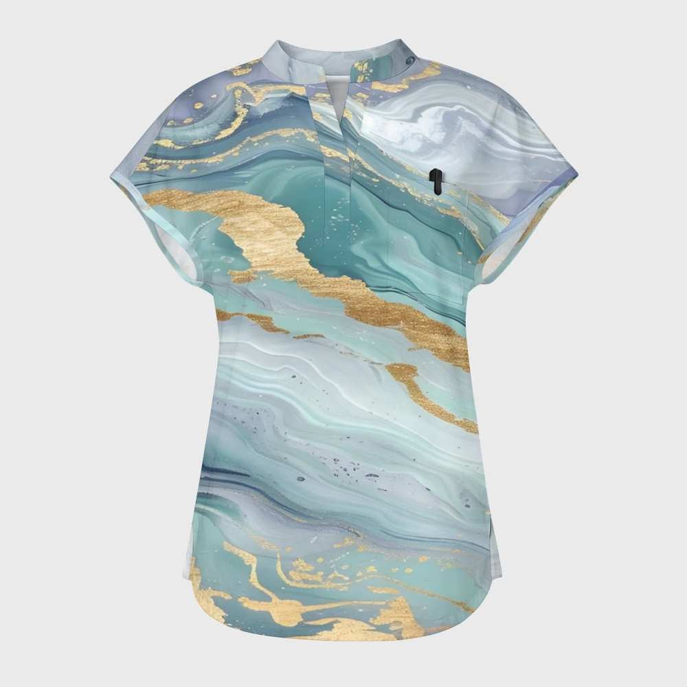 Women's Gold Marble Stand Collar Scrub Top