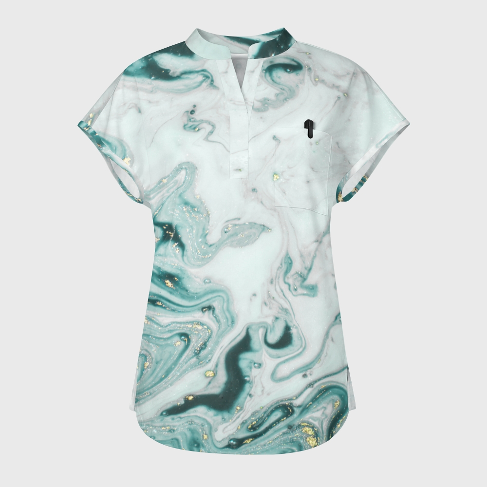 Women's Indigo Marble Stand Collar Scrub Top