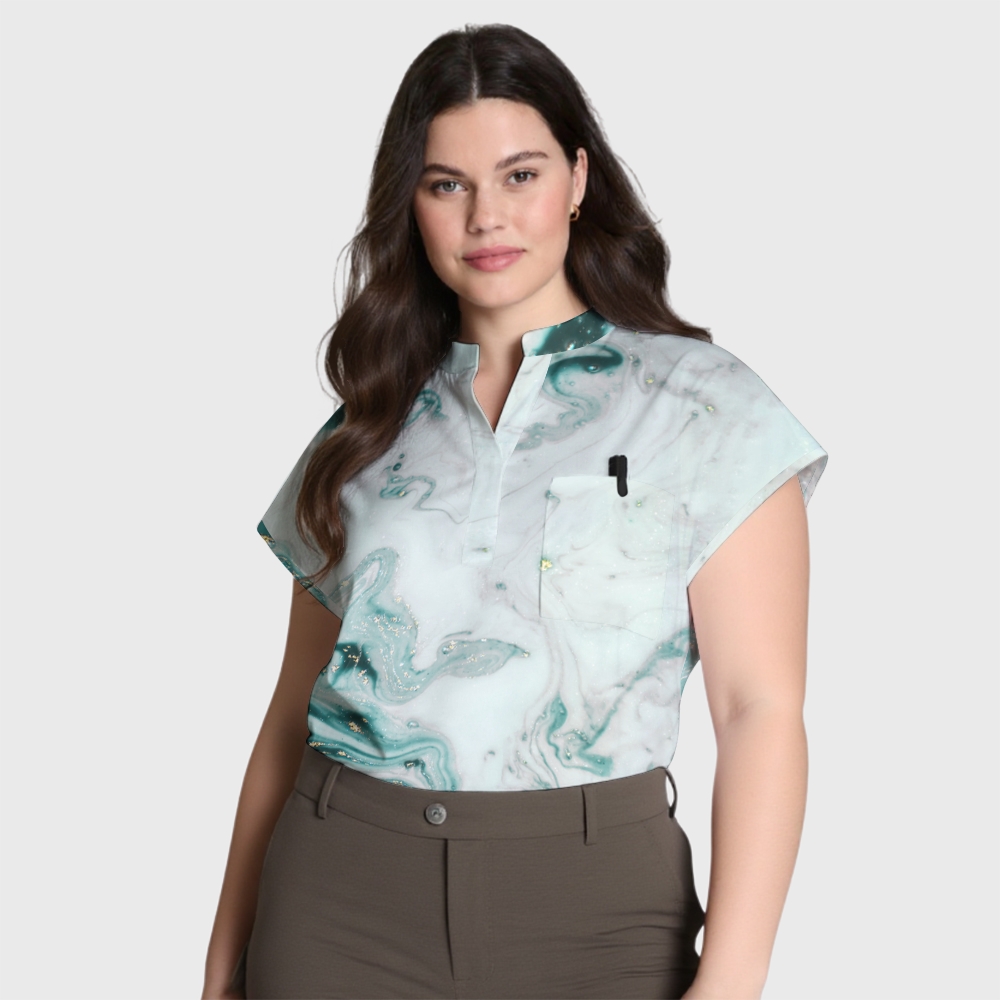 Women's Indigo Marble Stand Collar Scrub Top