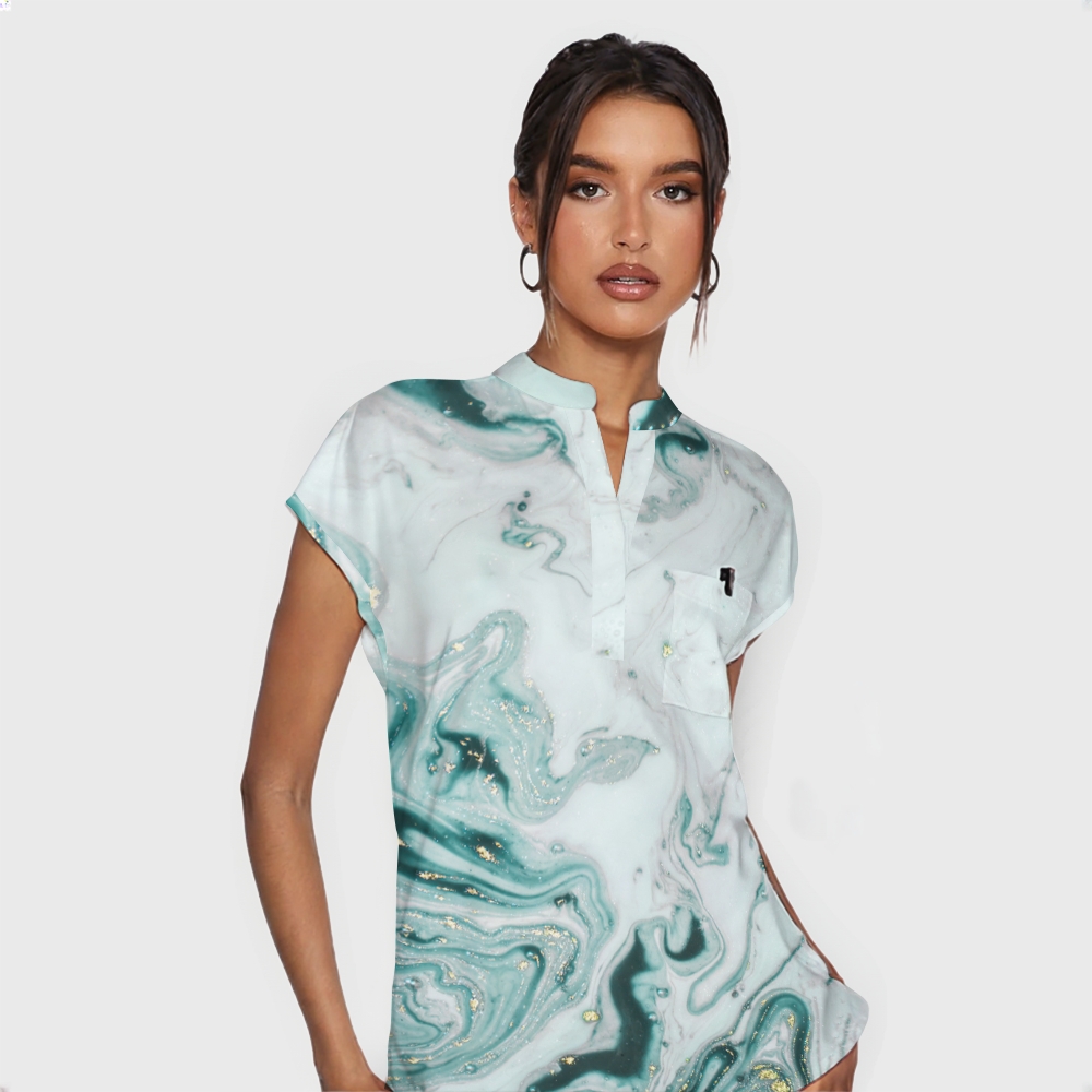 Women's Indigo Marble Stand Collar Scrub Top