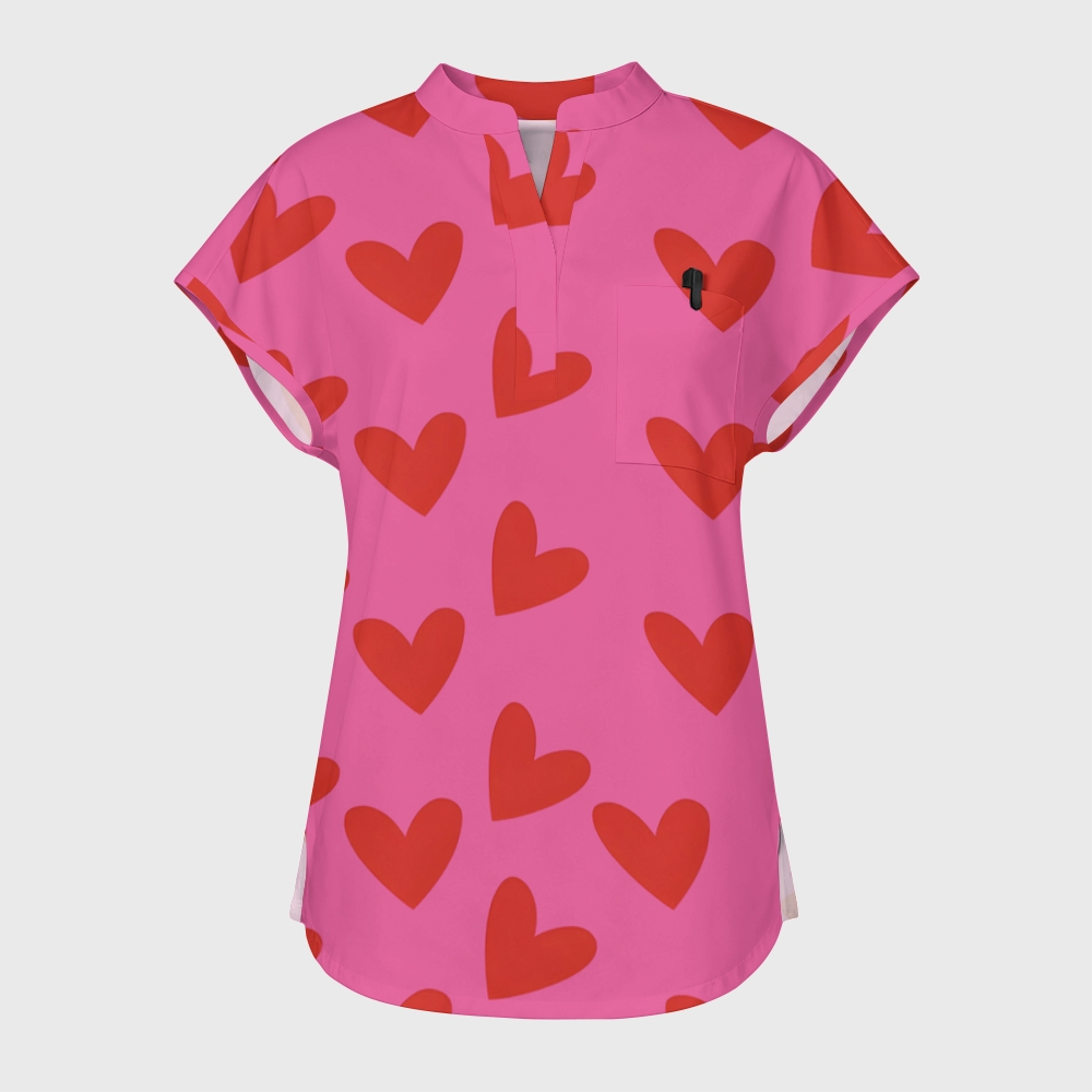 Women's Red Herat Stand Collar Scrub Top