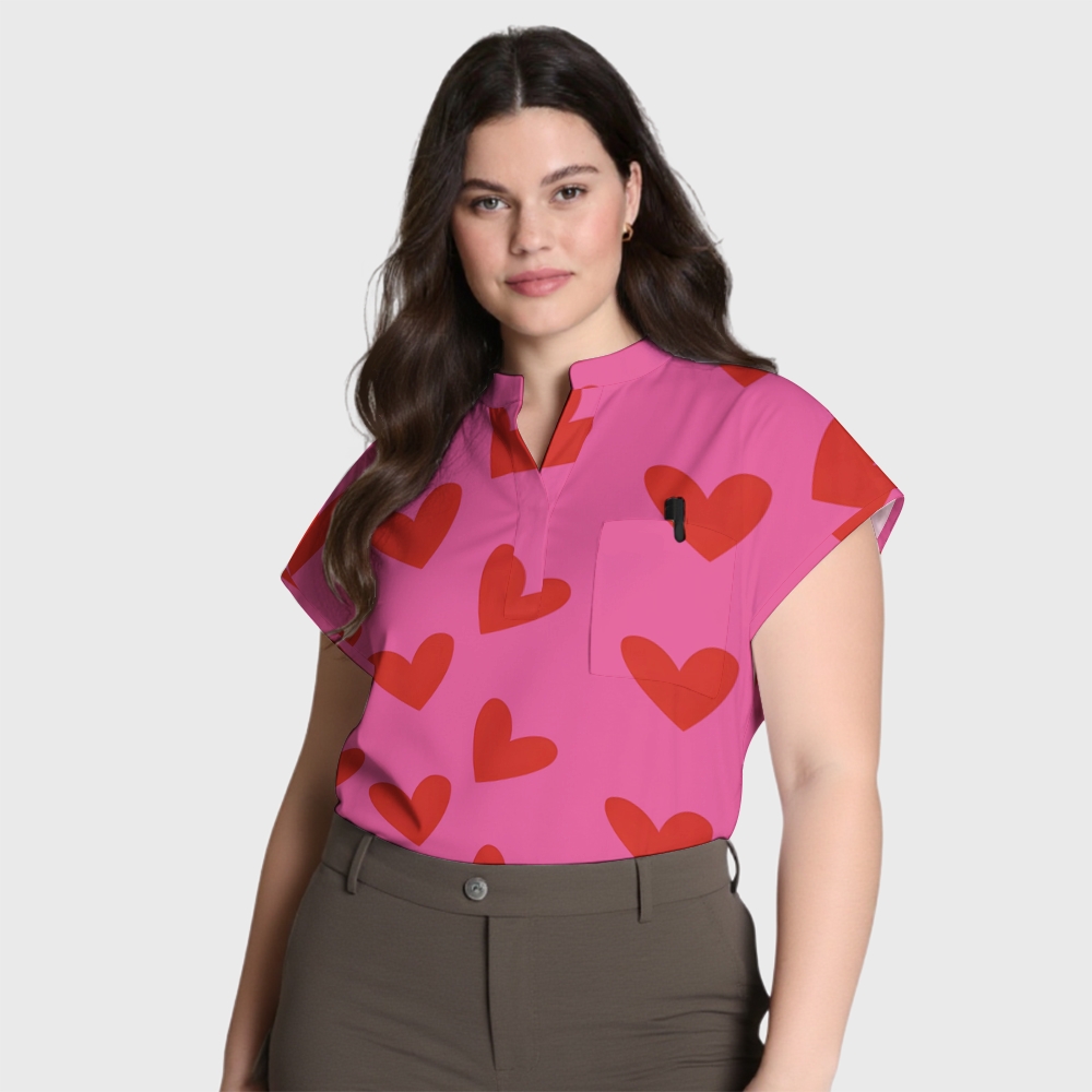 Women's Red Herat Stand Collar Scrub Top