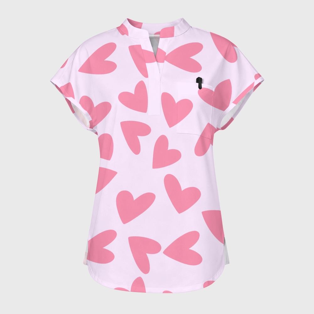 Women's Light Pink Heart Stand Collar Scrub Top