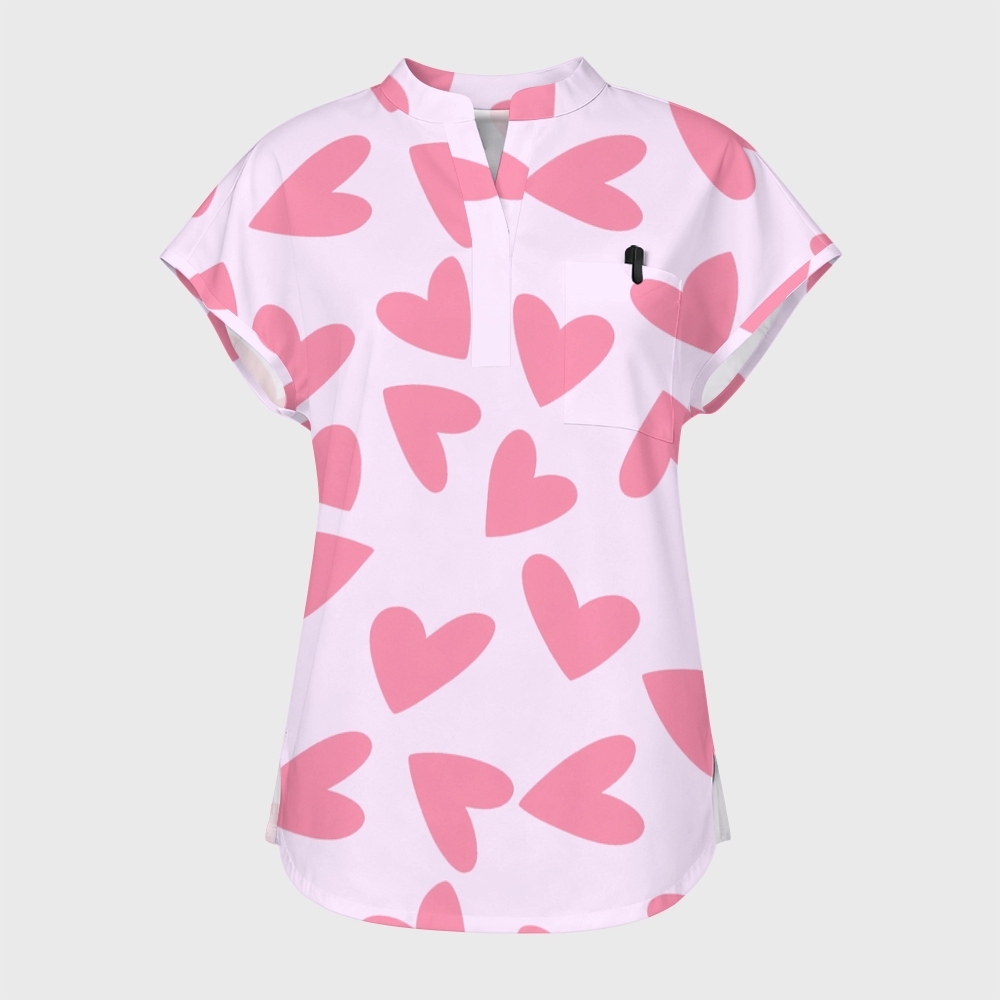 Women's Light Pink Heart Stand Collar Scrub Top