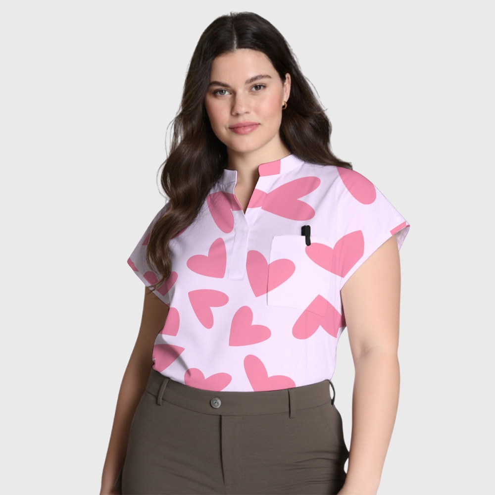 Women's Light Pink Heart Stand Collar Scrub Top