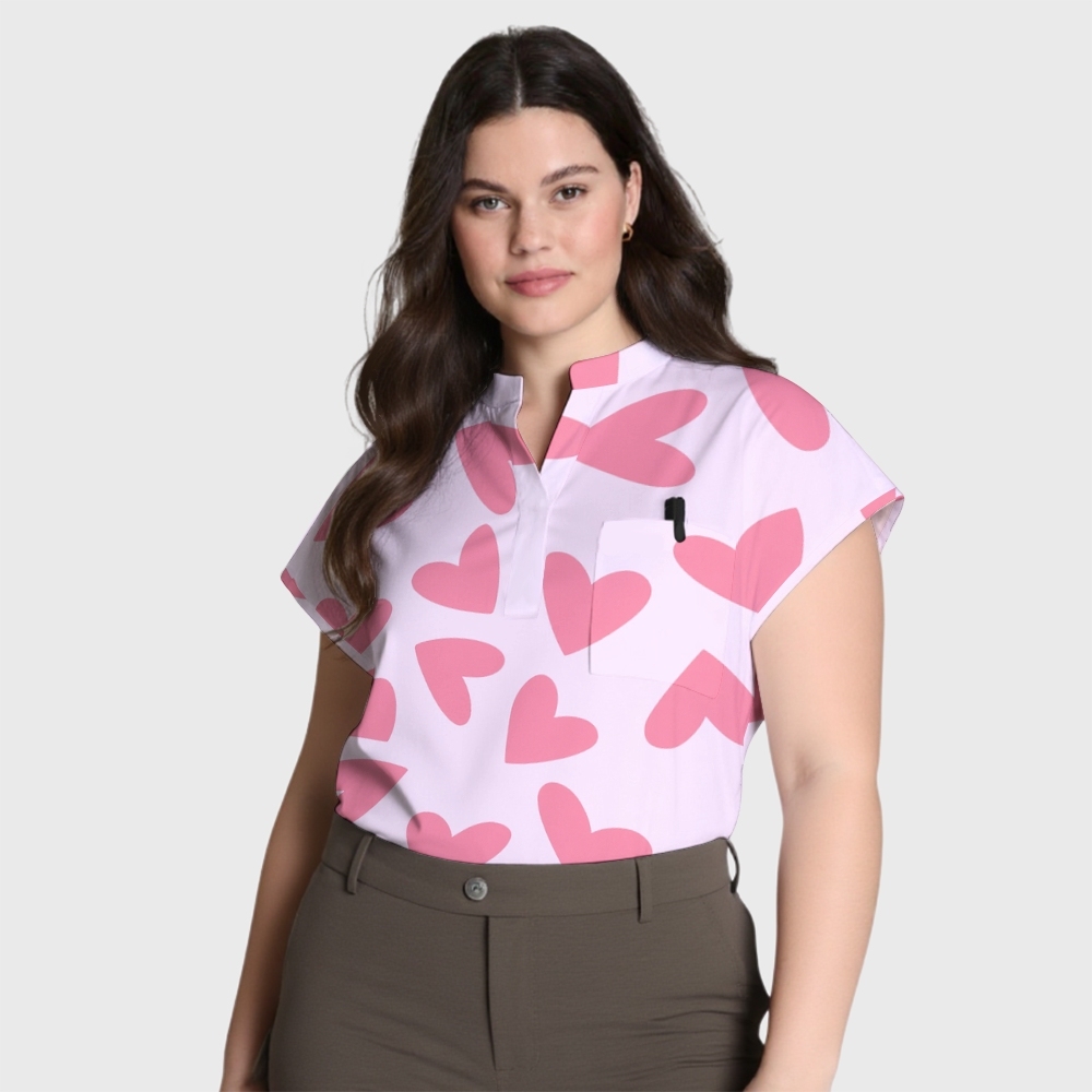 Women's Light Pink Heart Stand Collar Scrub Top