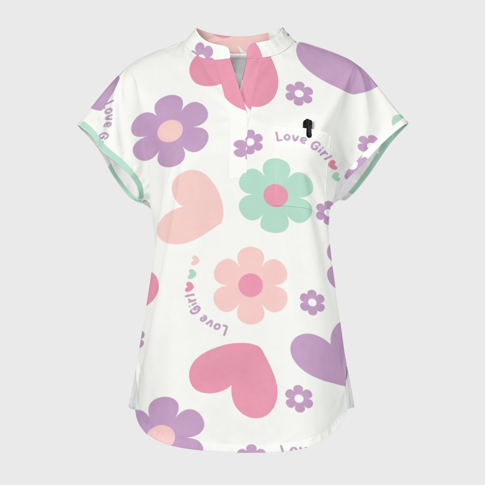 Women's Love Girls Stand Collar Scrub Top