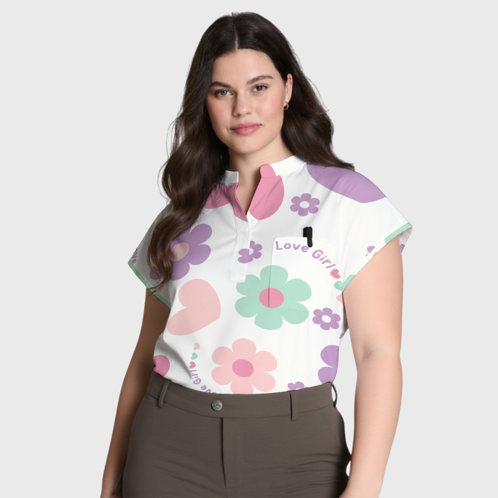 Women's Love Girls Stand Collar Scrub Top