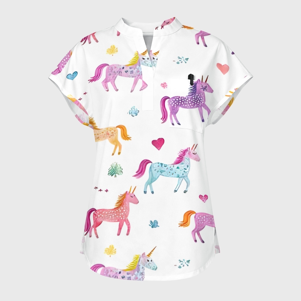 Women's Lucky Unicorn Stand Collar Scrub Top