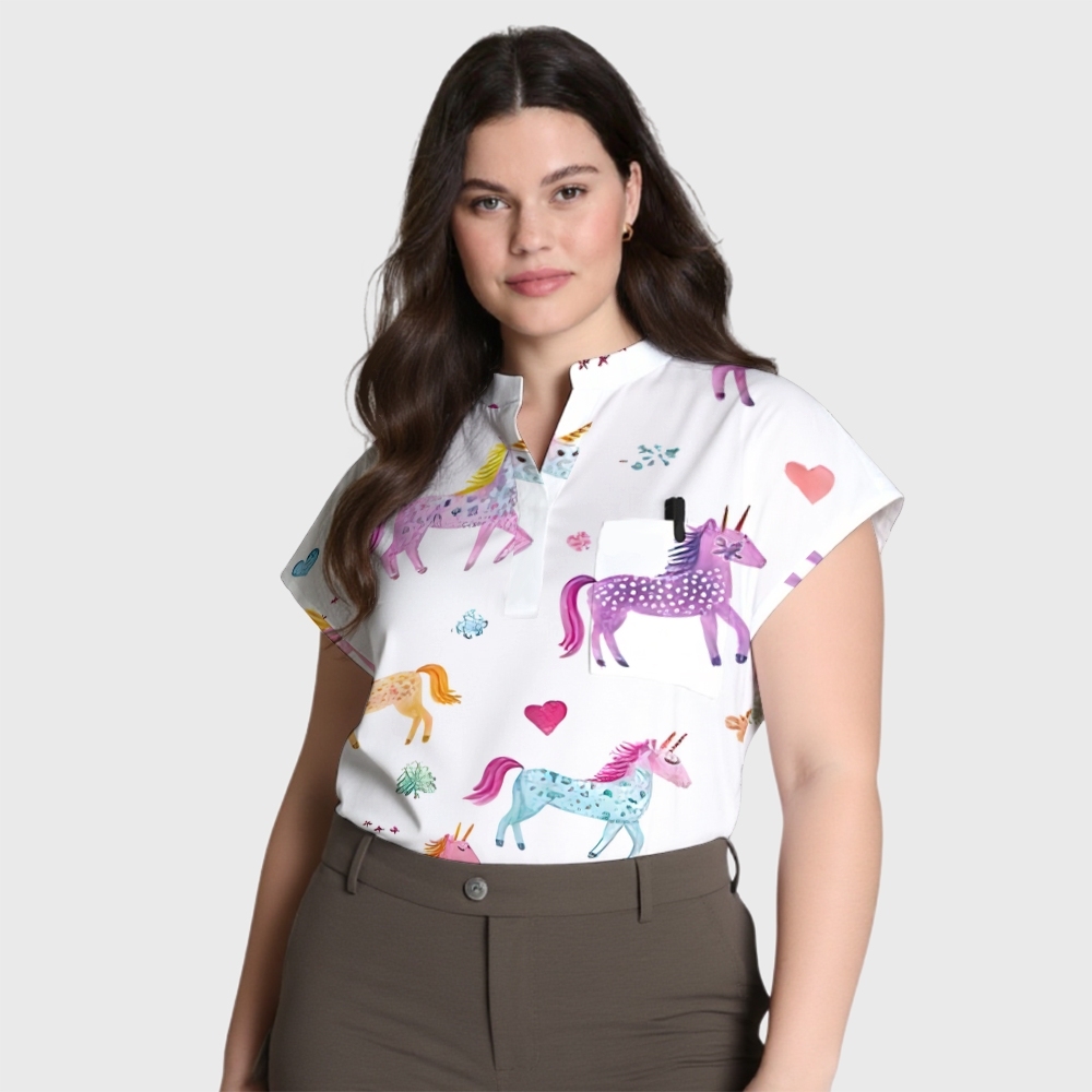 Women's Lucky Unicorn Stand Collar Scrub Top