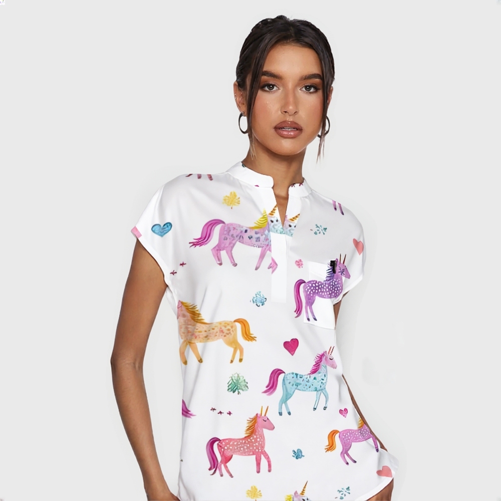 Women's Lucky Unicorn Stand Collar Scrub Top