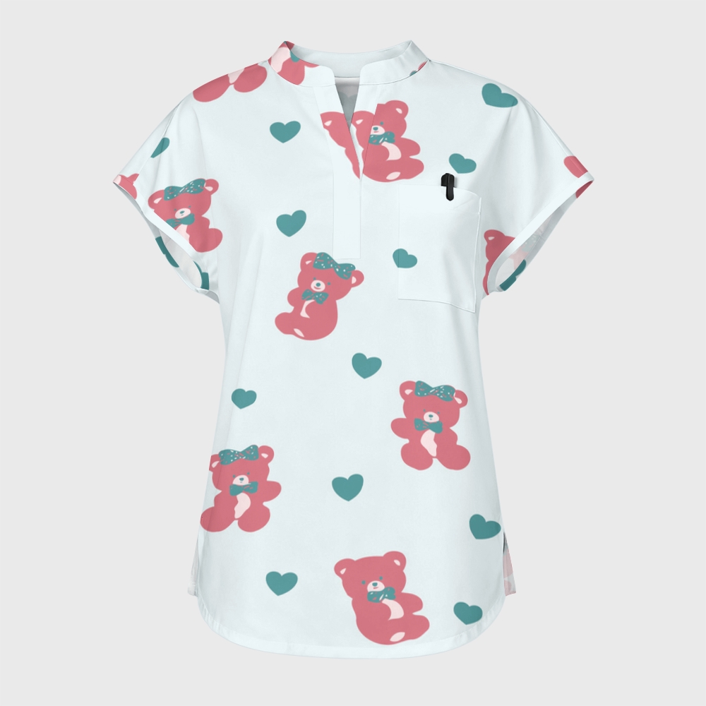 Women's Happy Bear Stand Collar Scrub Top