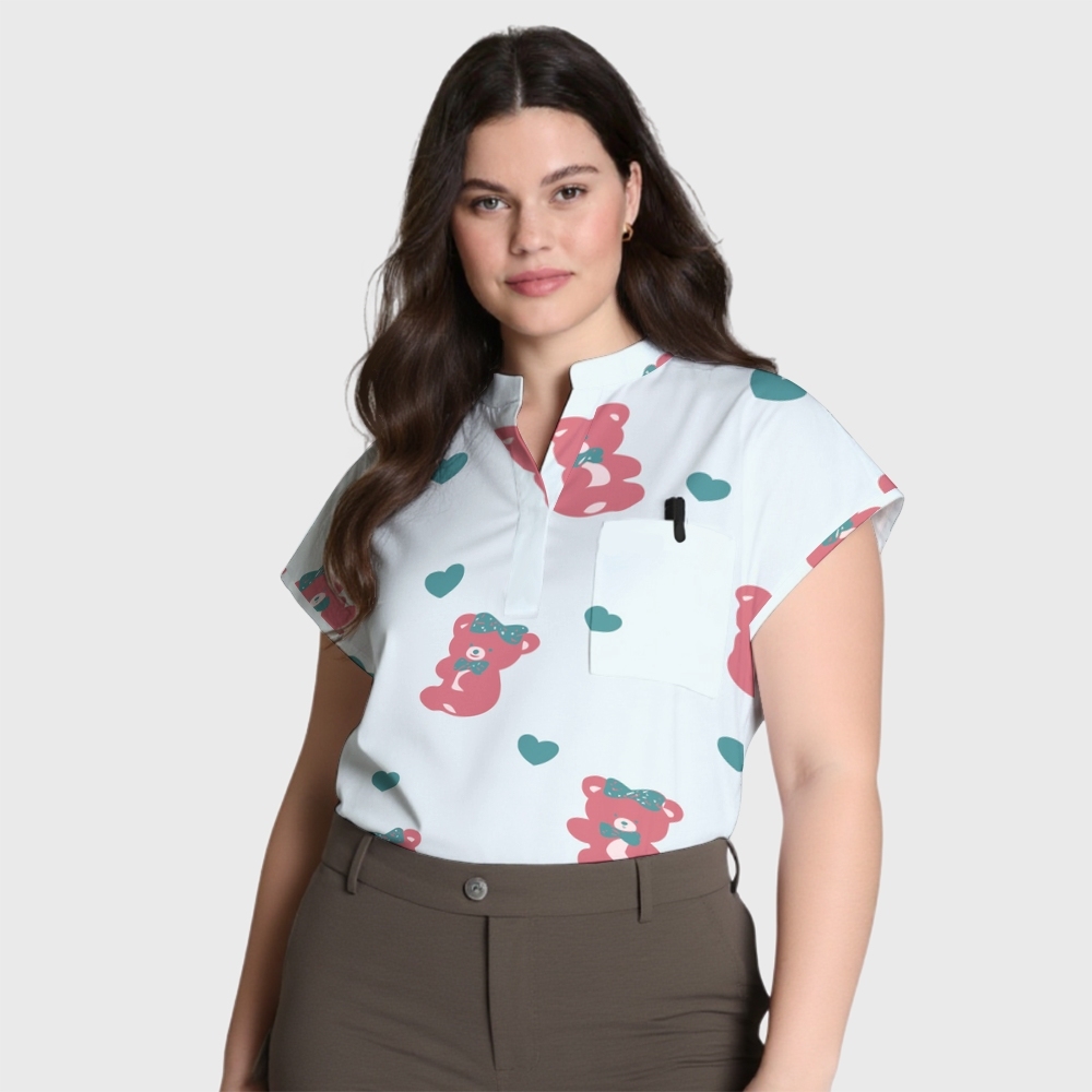 Women's Happy Bear Stand Collar Scrub Top