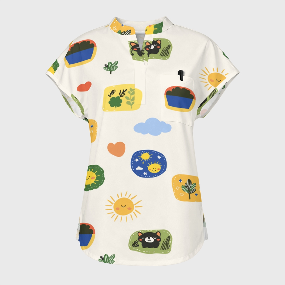 Women's Happy Bear Family Stand Collar Scrub Top
