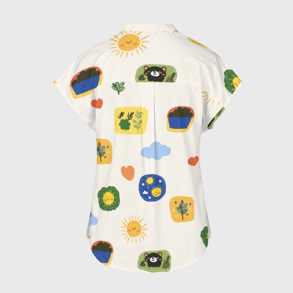 Women's Happy Bear Family Stand Collar Scrub Top