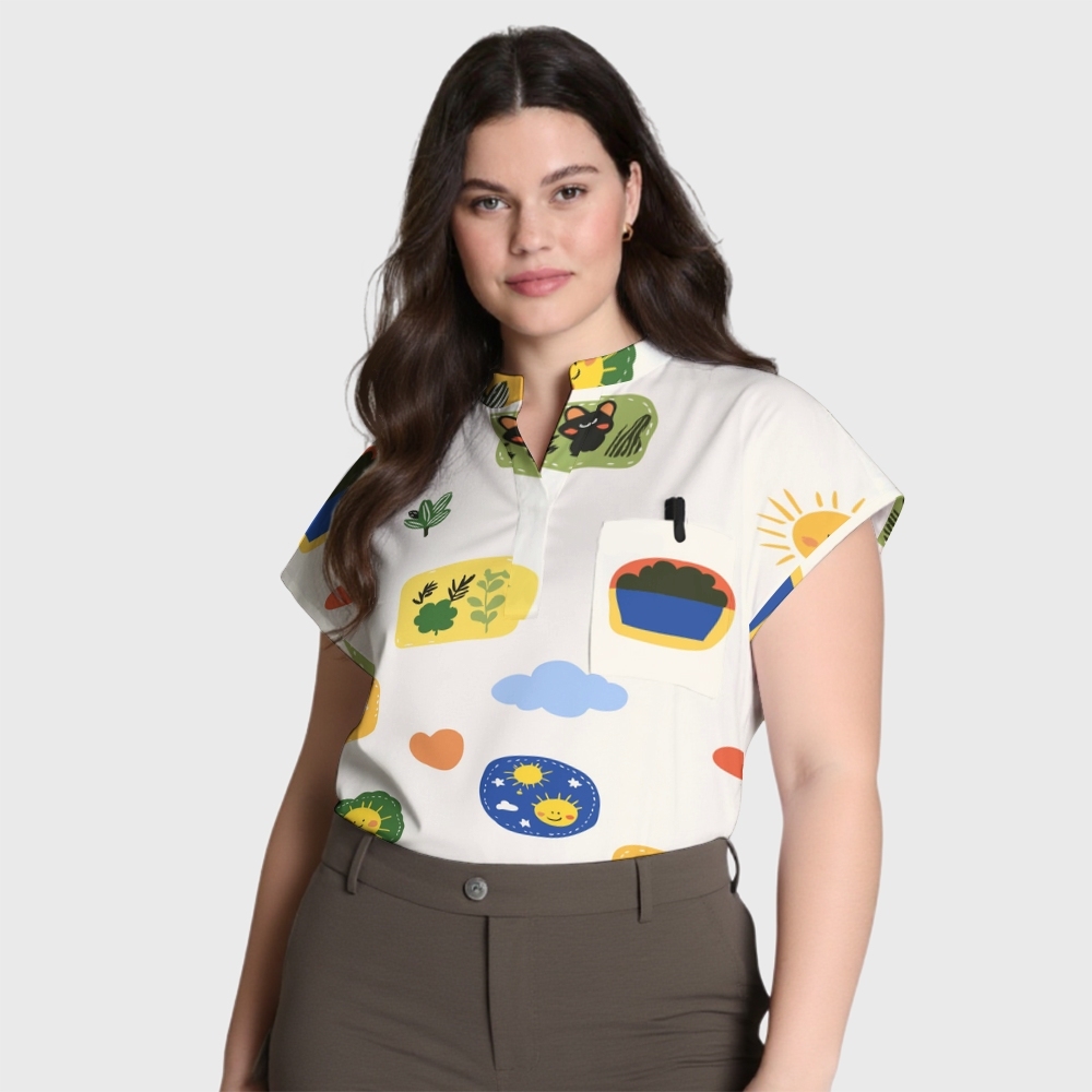 Women's Happy Bear Family Stand Collar Scrub Top