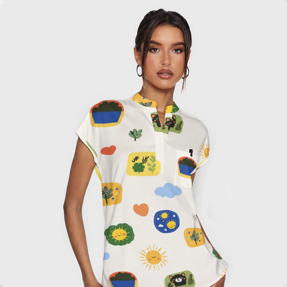 Women's Happy Bear Family Stand Collar Scrub Top