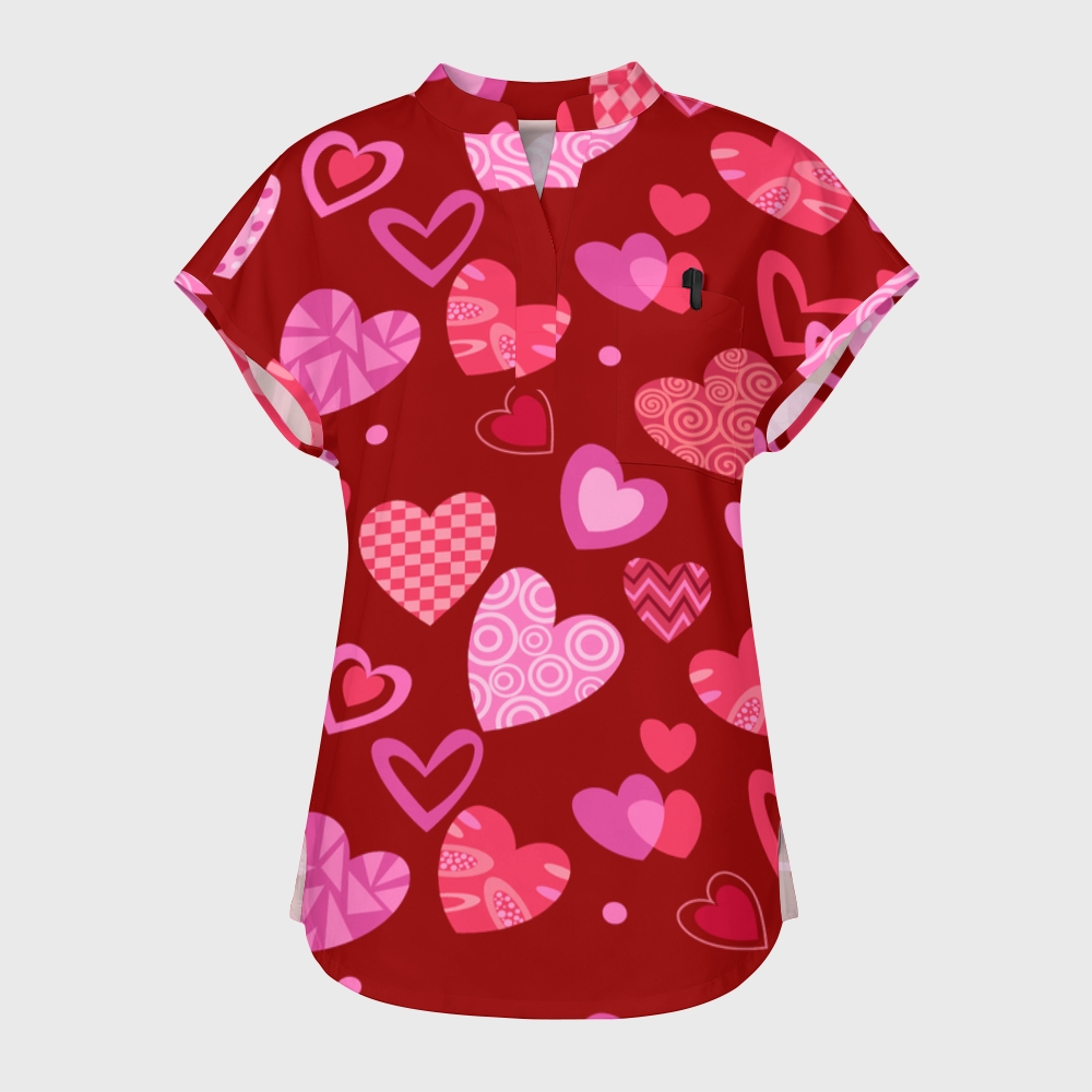Women's Worm Heart Stand Collar Scrub Top