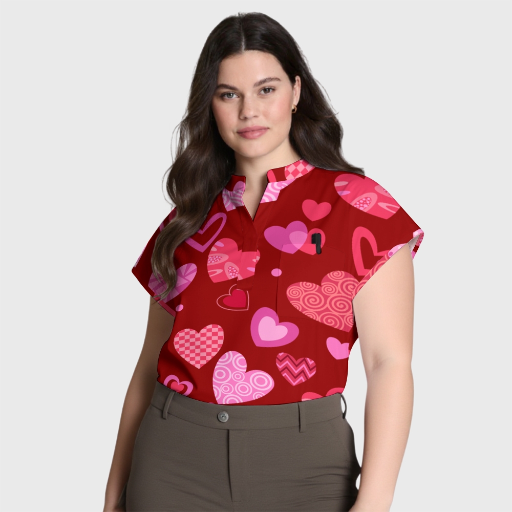 Women's Worm Heart Stand Collar Scrub Top
