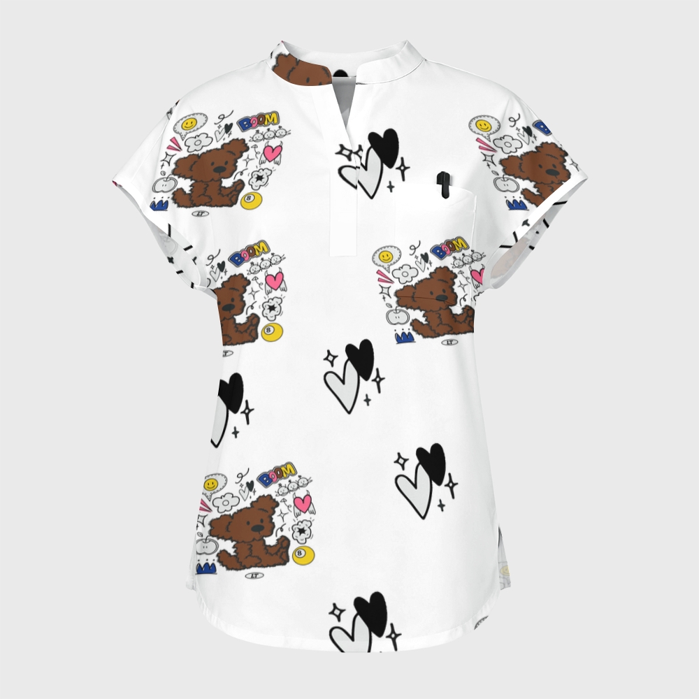 Women's Boom Bear Stand Collar Scrub Top