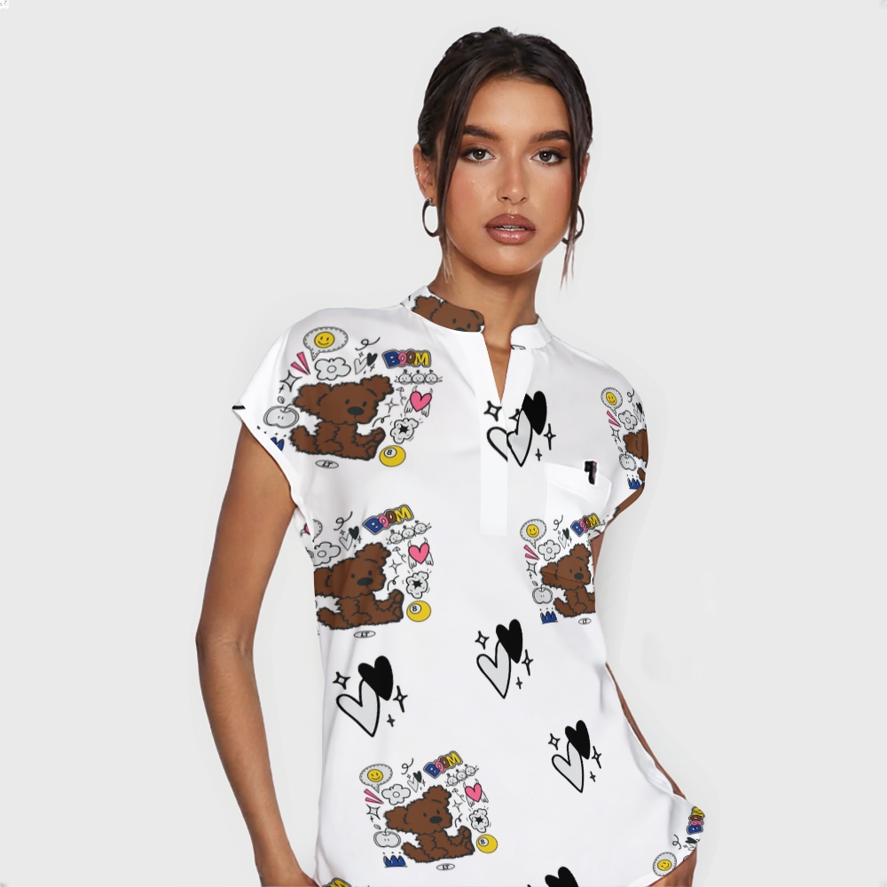 Women's Boom Bear Stand Collar Scrub Top