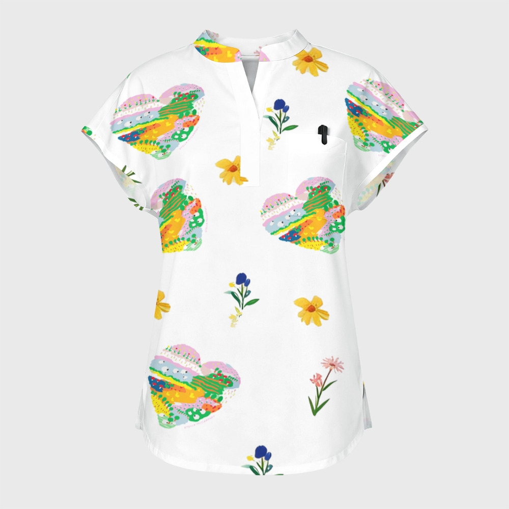 Women's Cute Heart Stand Collar Scrub Top