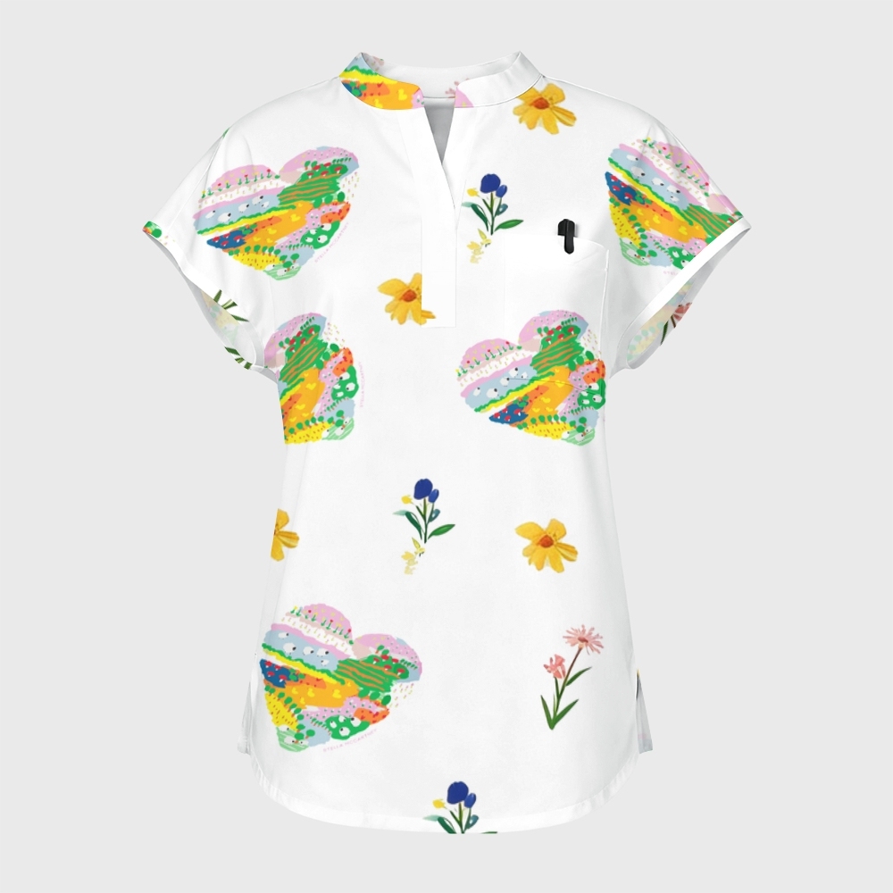 Women's Cute Heart Stand Collar Scrub Top