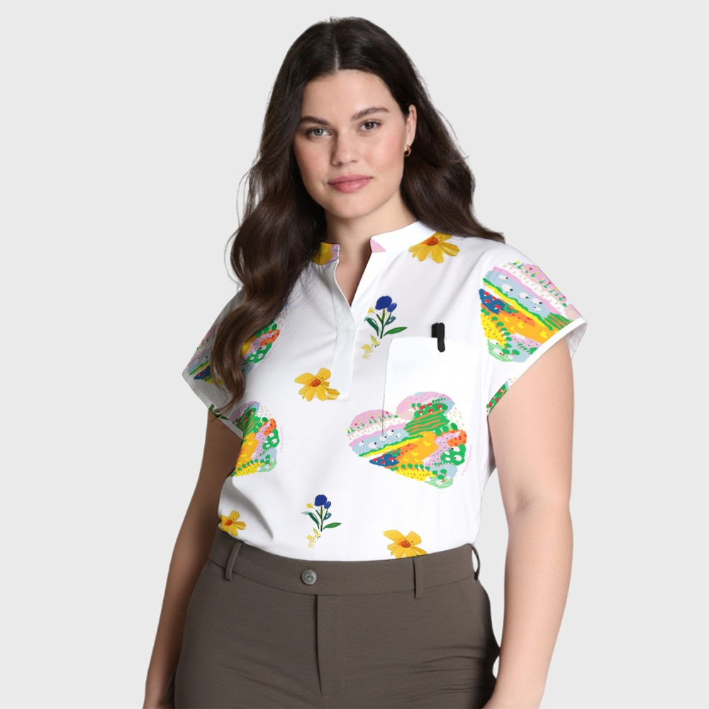 Women's Cute Heart Stand Collar Scrub Top