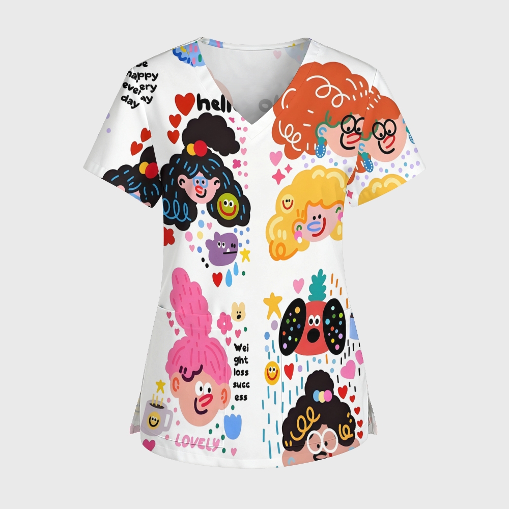 Women's V-Neck Pocket Cartoon Series Printed Scrub Top ST10151