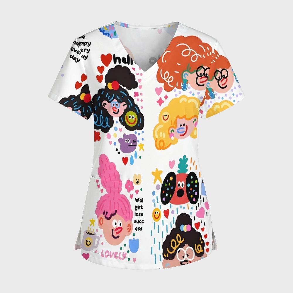 Women's V-Neck Pocket Cartoon Series Printed Scrub Top ST10151